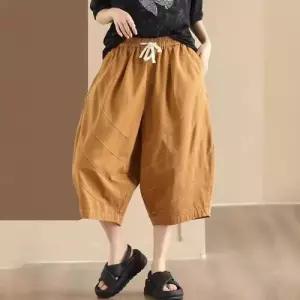 EAMT 바지 여자 면 봄 캐주얼 패치 스트링 칠부 솔리드 배기 입체 허리 슬림핏 헤비 와이드 밴딩 EUNG1