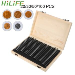 조정 패드가있는 HILIFE 동전 보관 상자 20/30/50/100PCS 가능 나무 기념 수집 케이스 홀더 캡슐