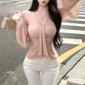 레티고 글램핏 섹시 타이 브이넥 벌룬 셔링 긴팔 블라우스