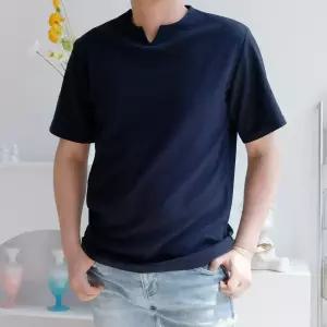 구김없는 남자 링클프리 엠보 슬릿넥 반팔 티셔츠 V넥