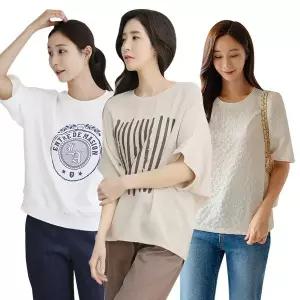 드리다 여자 여름 슬라브 라운드 반팔 면티 흰 티셔츠 화이트 40-50대 미시 중년 여성 캐주얼 등