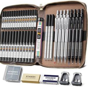 [미국배송] STAGEEK 45PCS 블랙 앤 실버 메탈 샤프 펜슬 가죽 케이스 세트 0.5 0.7 0.9 2.0MM 28개 튜브(6B 4B 2B HB 2H 4H 및 색상) 아트 드로잉 스케치 글쓰기를 위한 리드 리필