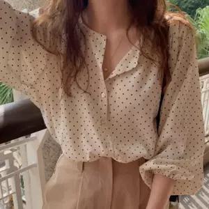 카라리스 여성 루즈핏 긴팔셔츠 하늘하늘 블라우스 와이드 퍼프 소매 긴팔 도트 셔츠 남방