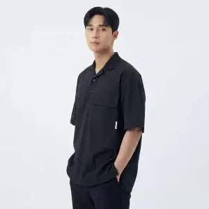 [지이크] 블랙 오버핏 니트카라 리벳 포인트 워크 셔츠 (PGBAD5929)