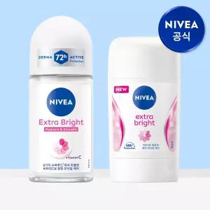 니베아 데오드란트 엑스트라 브라이트 롤온 50ml 1개 + 스틱 50ml 1개
