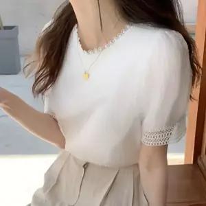 레이스 블라우스 데일리 오피스 라운드 여성 블라우스 패턴 여름 포인트