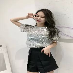 시스루 스팽글 티셔츠 댄스복 라운드넥 반짝이 반팔 왈츠 슬림핏 의상 라인댄스상의 차밍