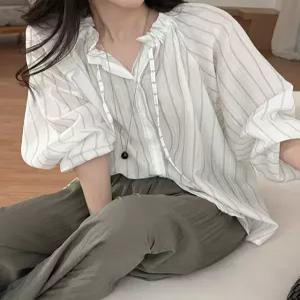 카우린 스트라이프 넥 끈 블라우스 87841 빅사이즈 여성의류