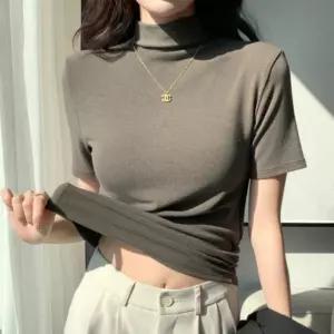 여성 슬림핏 목폴라 하프넥 반폴라 셔링 반팔 티셔츠