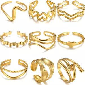 베티앤사라 9PCS 여성용 금반지 18K 금도금 청키 조절식 스태킹 링 오픈 너클 세트 선물
