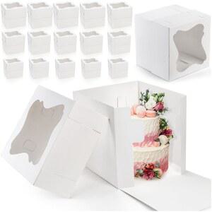 펌투스 15 PCS 톨 케이크 박스, 창문이 있는 정사각형 12x12 x12 x10 8x8 인치 3 가지 크기, 카드보드 티어 베이커리 용기, 결혼식 생일을 위한 일회용 디저트 파이 테이크아웃 캐리어