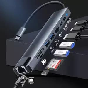 노트북 어댑터용 USB 30 허브 PC 컴퓨터 PD 충전 도크 스테이션 RJ45 HDMI 호환 TF/SD 카드 C타입 분배기