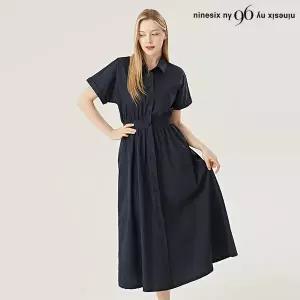 카라넥 셔링 버튼 뒷 밴딩 반팔 롱 원피스 (NO1OW015L0)