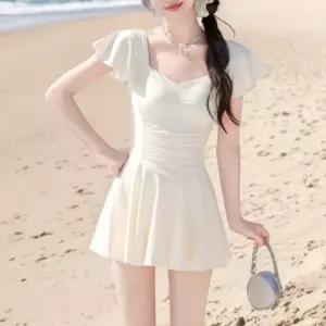 여자 러블리 하트넥 프릴 반팔 날개 원피스 수영복_5