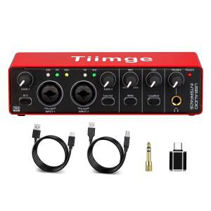 TIIMGE PC용 2X2 USB 오디오 인터페이스 팟캐스터 보컬리스트 프리앰프 팬텀 또는 TS 프로듀서와 192KHZ TSR 호환 기타리스트 24비트 마이크 하이파이 XLR 포트 파워 48V