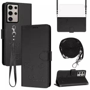 Asuwish 삼성 갤럭시 S25 울트라 5G 지갑 커버 강화 유리 액정보호필름 손목 스트랩 PU 가죽 플립 신용 카