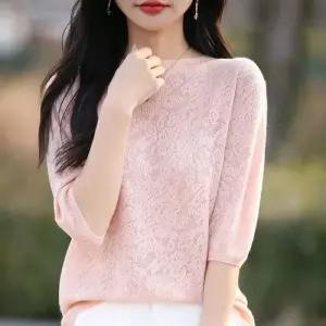 M1 여성 니트 여름 이너 가을 폴라티 레이스 펀칭 반폴라 반팔 상의 5부 JEN2