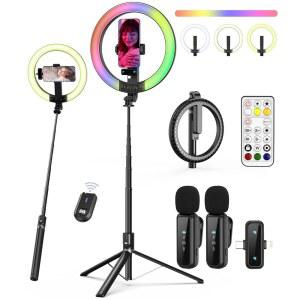 iPhone / Android용 브이로그 키트, 스탠드형 10 u201D 링 라이트, 라이트형 74 u201D 삼각대, 마이크, 틱톡 콘텐츠 크리에이터용 유튜브 스타터 키트