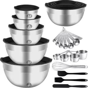 WEPSEN 믹싱볼 세트 뚜껑이 있는 25PCS 스테인리스 대형 네스팅볼 7 4.5 3 2 1.5QT 계량컵 및 스푼 베이킹