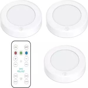 브릴리언트 에볼루션 무선 LED 퍽 라이트 3팩 - 리모컨으로 작동 캐비닛 아래 옷장 조명 배터리 전원 공급