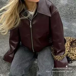 여성용 캐주얼 빈티지 야구 집업 칼라 자켓 점퍼 코트 레더 원픽1