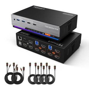 TESmart HDMI KVM 스위치 3 모니터 2 컴퓨터 4K@60Hz, USB 3.0 KVM 스위치 트리플 모니터 2 포트 HDMI, 지원 EDID, 1G 이더넷, 핫키 스위치, 게임 및 홈 오피스용 오디오 및 마이크