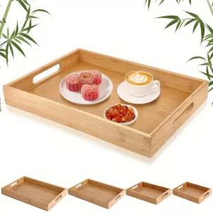 손잡이가있는 대나무 서빙 트레이 탁상 카운터 티 커피 아침 식사 주방 침실 용 주최자 보관 용기