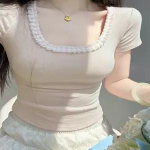 3컬러 여자크롭티 크롭반팔티 캡소매 레이스 포인트티셔츠 여름