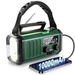 NOAA 비상 기상 라디오, 최고의 휴대용 10000mAh 배터리 / 핸드 크랭크 / 태양열 전원 AM / FM Wind Up 라디오, Type-C 휴대폰 충전기, 플래시라이트, 리딩 램프, 컴퍼스, SOS 생존 알림, 정전 야외