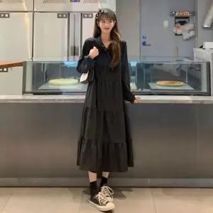 여성원피스 넥리본 러블리 캉캉 긴팔 루즈핏 A라인 롱 원피스