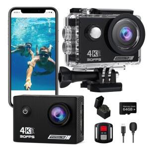 액션 카메라 4K30fps 64G SD 카드, HD 방수 카메라 131피트 수중 카메라 20MP 사전 녹화 WiFi 카메라 170 리모컨 스포츠 카메라, 배터리 헬멧 장착 액세서리 키트 2개 포함