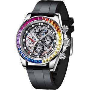 ROLLSTIMI PAGANI DESIGN 남성용 오토매틱 시계 방수 레인보우 스켈레톤 스테인리스 크로노그래프 다이아몬드 스틸 기계식 40MM