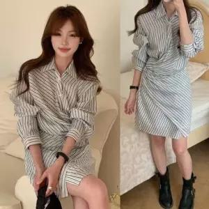 랩원피스 여성 랩디자인 H라인 스트라이프 셔츠 원피스