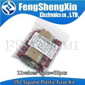 11 값  55pcs 스퀘어 플라스틱 퓨즈 구색 키트 392 0.5A 1A 2A 3.15A 4A 5A 6.3A 8A 250V 느린 불어 튜브