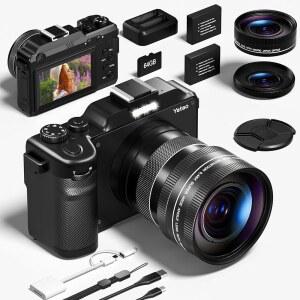 편리한 셀카를 위한 유튜브용 4K 5K 64MP 사진 촬영 카메라 키트, 64GB 마이크로 카드, 와이드 및 매크로 렌즈, 카드 리더가 장착된 야타오 디지털 카메라, 4K 5K 64MP 사진 촬영 카메라 키트