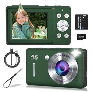 디지털 카메라, 44MP 컴팩트 카메라, FHD 1080P 포인트 및 촬영 16배 줌, 얼굴 감지, 스마일 캡처, 안티 쉐이크, 남아 여아 청소년 선물용 디지털 카메라 (딥 그린)