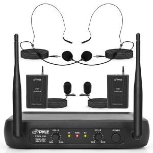 PYLE 듀얼 채널 무선 마이크 시스템 주파수 세트, VHF 노래방, PA, 송신기 라발리에 DJ 수신기 PDWM2145 고정 파티용 포함 2개, - 헤드셋