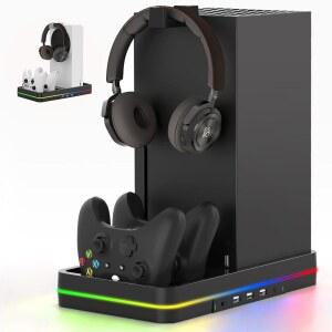 XBOX SERIES X / S 콘솔 조명 3개의 스테이션용 액세서리(헤드폰 충전기 및 포함) 컨트롤러 팬 LED 듀얼 냉각 포트 KEPLUG 포함), 스탠드(RGB 후크 2개 USB