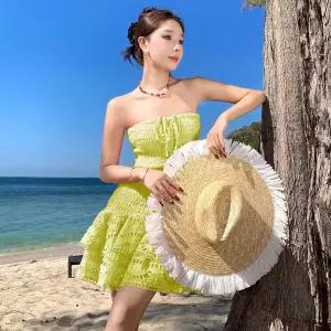 원피스 치마 여사친 미니 튜브톱 허리밴딩 해변바캉스 해변휴가 자수밑단 노출 쇼트 쉬폰 프릴 A라인 어깨