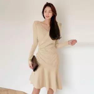 여친 니트 원피스 스커트 쉬폰 머메이드 스트링 프릴 봄가을 스판 셔링 브이넥 원픽1