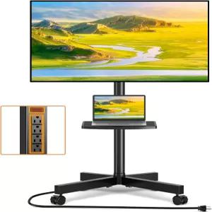 전원 콘센트가 있는 TVON 모바일 TV 스탠드 23-65인치 LCD LED OLED 평면 커브드 스크린 틸트 롤링 카트 휠