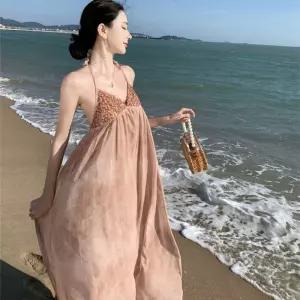 EAMT 원피스 롱 프린트 오프숄더 비치 나염 끈 여성원피스 패치 스팽글 홀터넥 쉬폰 드레스 YJ1