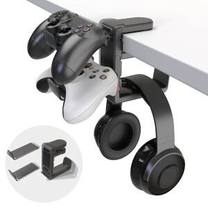 3-in-1 PC 게이밍 헤드셋 & 컨트롤러 홀더 - EURPMASK 헤드폰 스탠드, 조절 가능한 클램프 & 2 컨트롤러 홀더 및 회전 암 & 케이블 정리함, 범용 PC 게이밍 액세서리 컨트롤러 헤드셋 스탠드-블랙