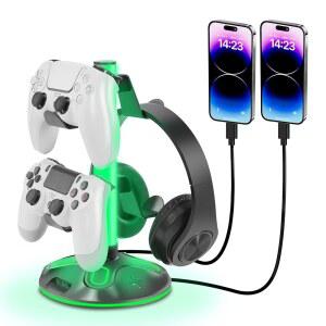 KELJUN RGB 책상용 헤드폰 스탠드, 9가지 라이트 모드를 갖춘 혁신적인 헤드셋 스탠드 - USB 충전 및 Type-C 포트가 있는 컨트롤러 홀더, 게임패드 이어폰 액세서리(블랙)
