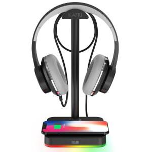 KAFRI RGB 헤드폰 스탠드, 무선 충전 데스크 게임 헤드셋 홀더 행거 랙, 10W / 7.5W 고속 충전 QI 무선 충전 패드 - 게이머 데스크톱 테이블 게임 이어폰 액세서리에 적합