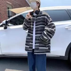 픽호샵 니트 가을 빈티지 봄 캐주얼 남성용 브이넥 스트라이프 배색 가디건 스웨터 키작남 꾹3