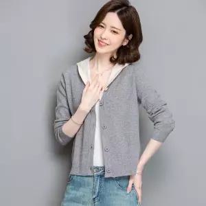 EAMT 투피스 페이크 여성용 니트 아우터 후드 쇼트 봄옷 카디건 배색 YJ1