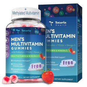 3, , 남성용 토타리아 무설탕 멀티비타민 구미 / 메틸화 B 복합체, EAAs, 라이코펜, 아연, 일일 에너지, 면역력, 심장, 철분이 없는 멀티비타민, 60 카운트