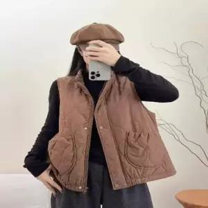 EAMT 여성 면 캐주얼 빈티지 보온 다운 차이나 민소매 더블 포켓 조끼 EUNG1