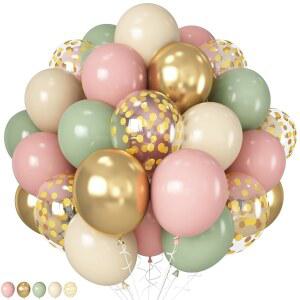 HILAVO 핑크 및 그린 풍선 레트로 정글 올리브 파티 사파리 우드랜드 라텍스 장식 메탈릭 크리스마스 생일 베이지 조각 색종이 세이지 골드 부활절